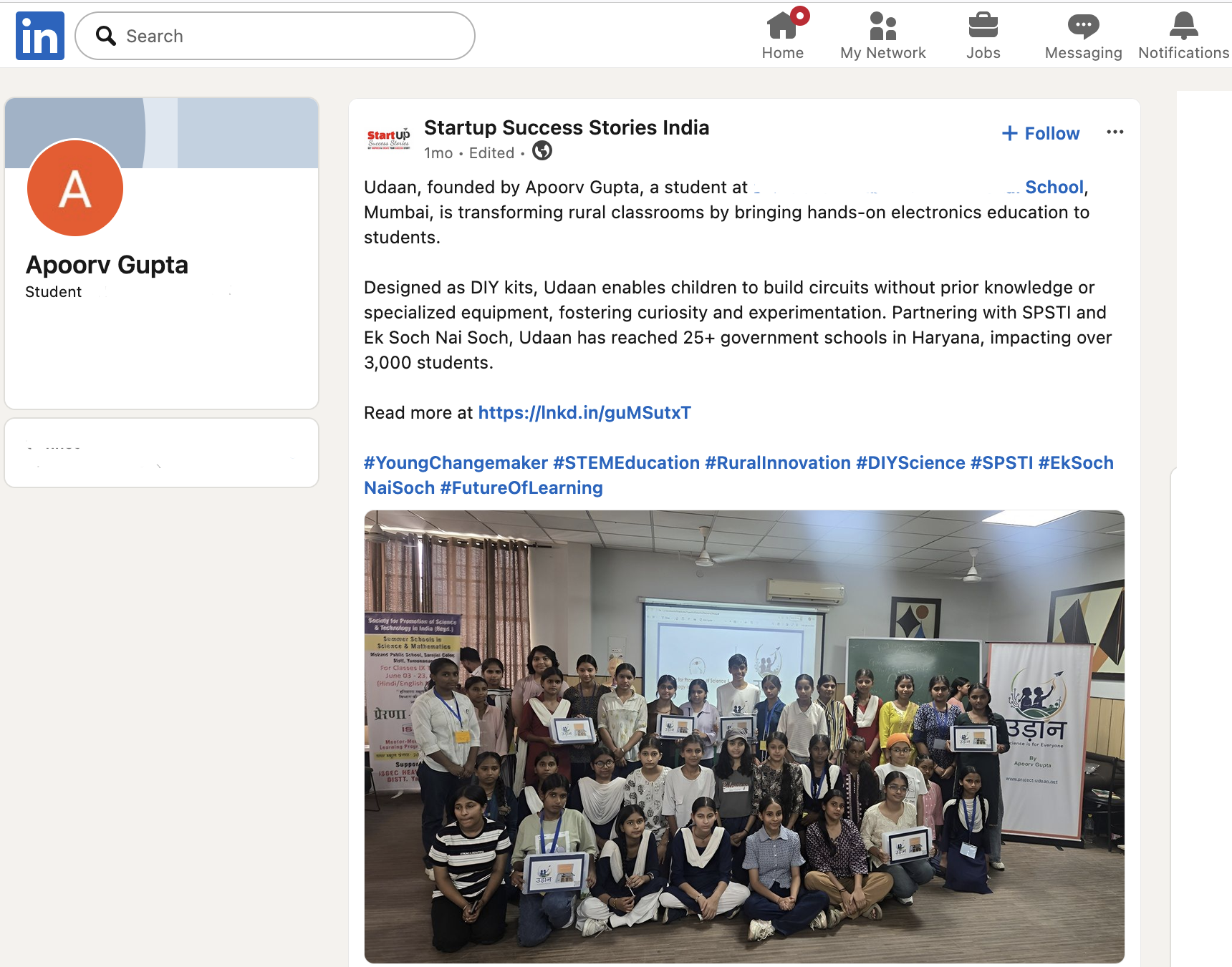 LinkedIn post by Startup Success Stories India about Udaan
