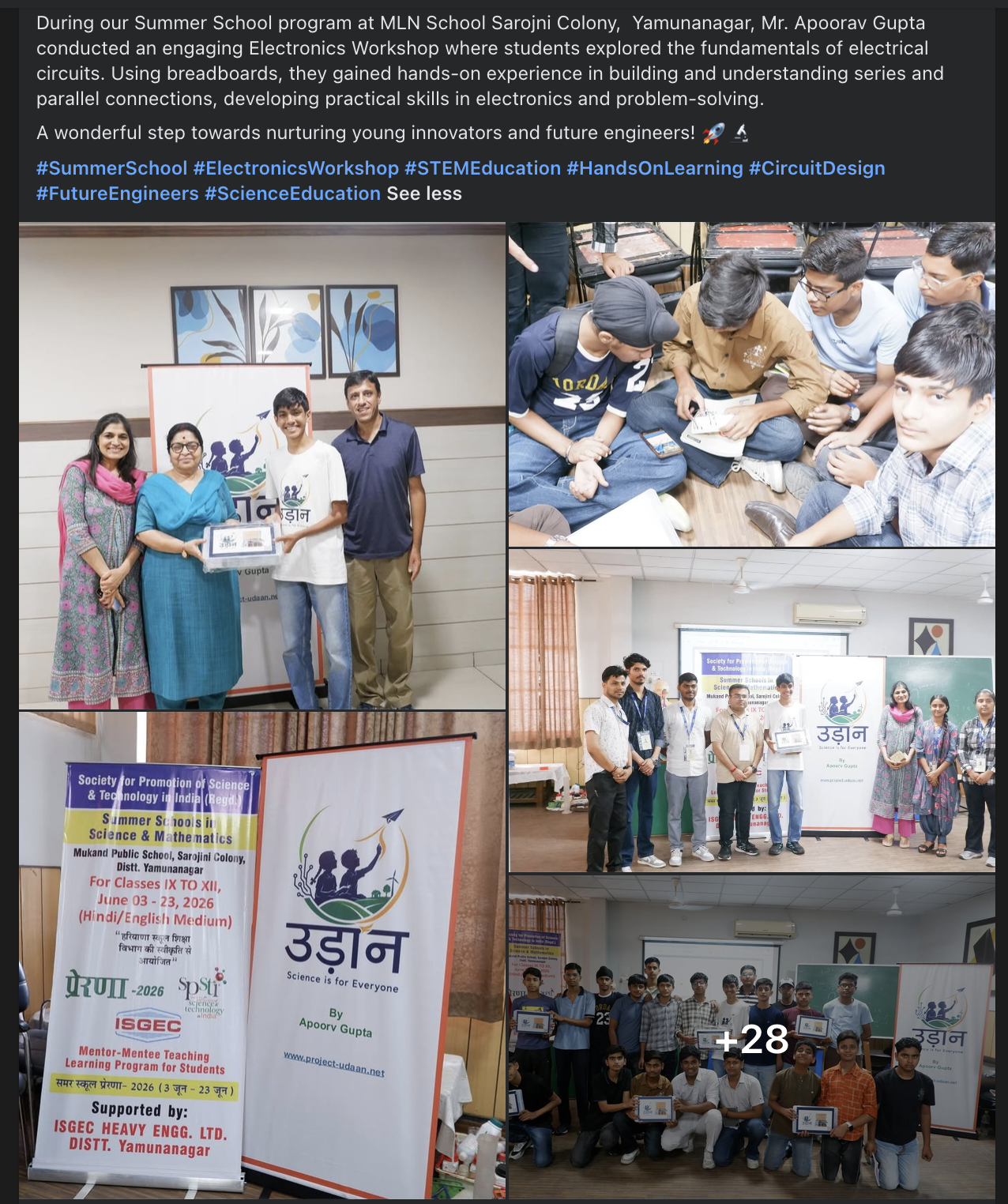 Facebook post about the Udaan Summer School electronics workshop