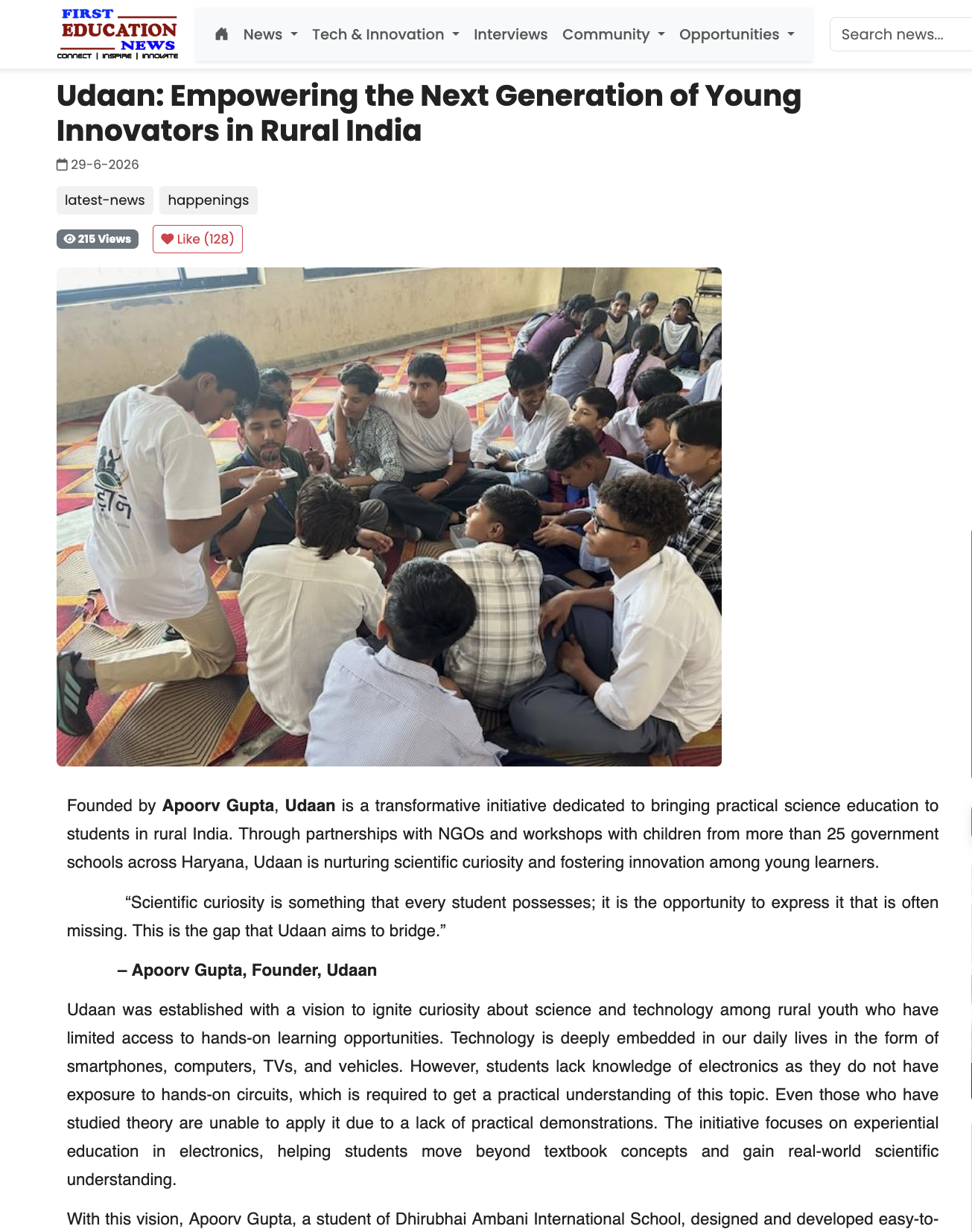 First Education News feature on Udaan